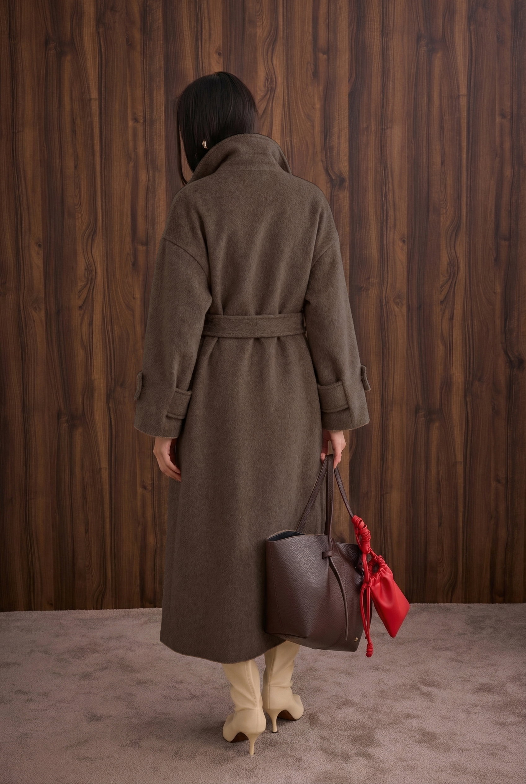 Funnel Neck Long Coat Brown - 3