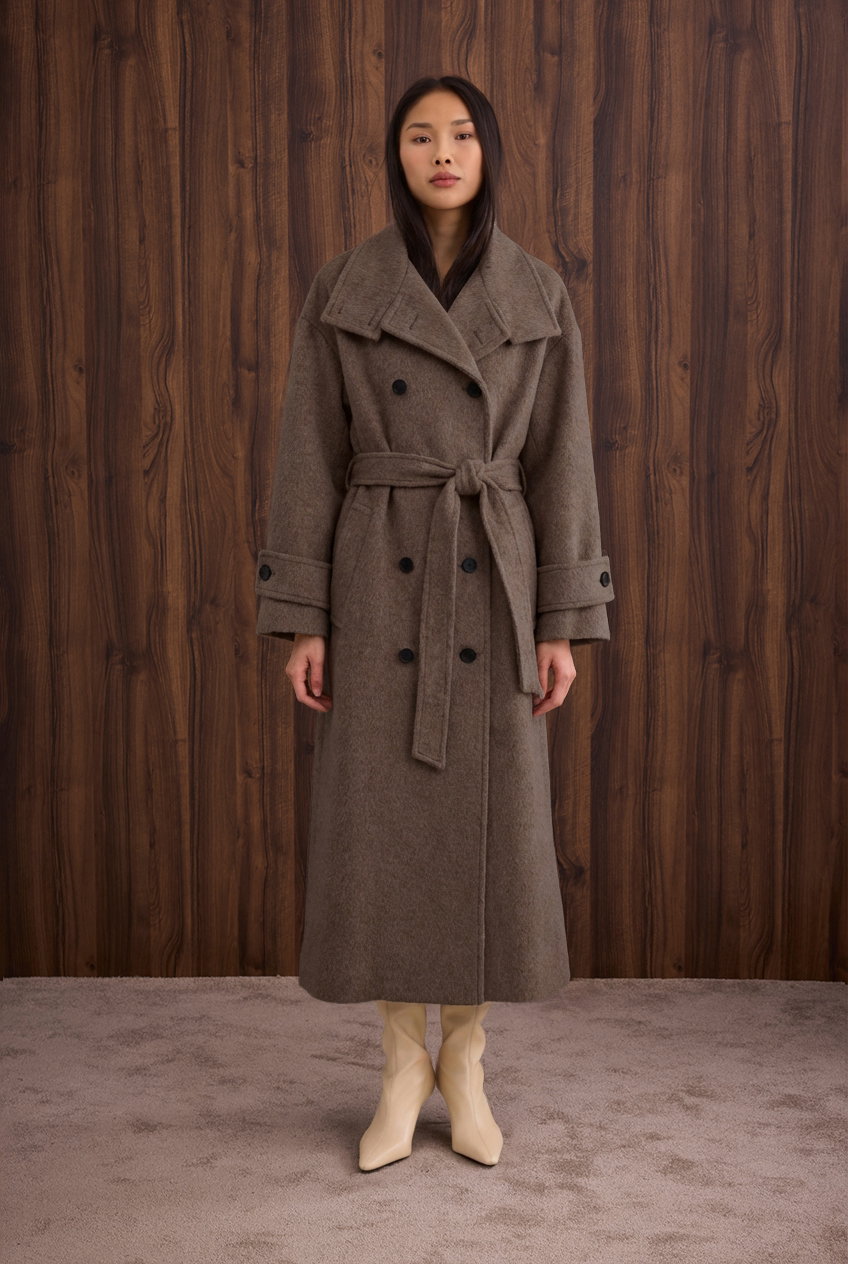 Funnel Neck Long Coat Brown - 1