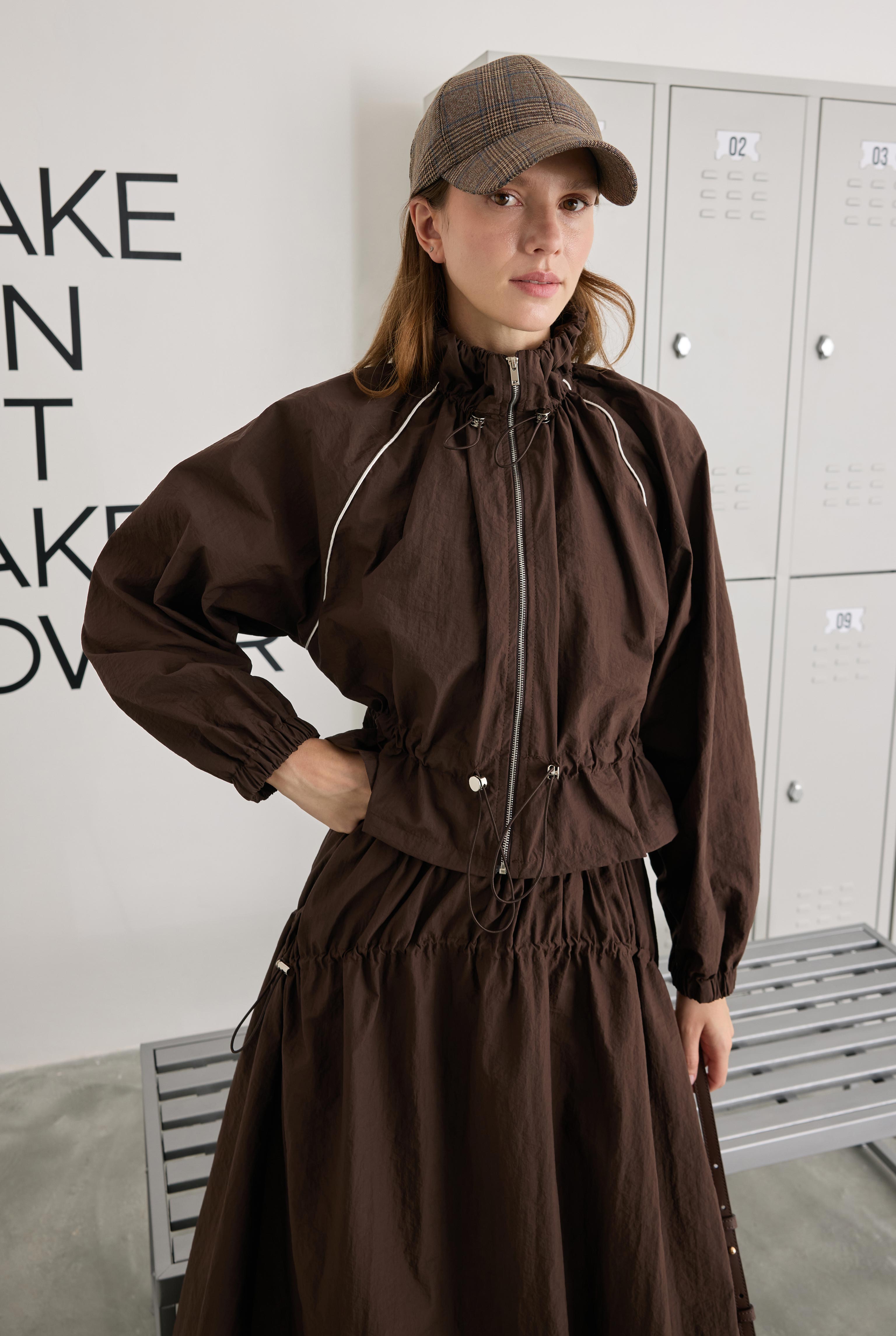 Ruched Neck Jacket Brown - 2