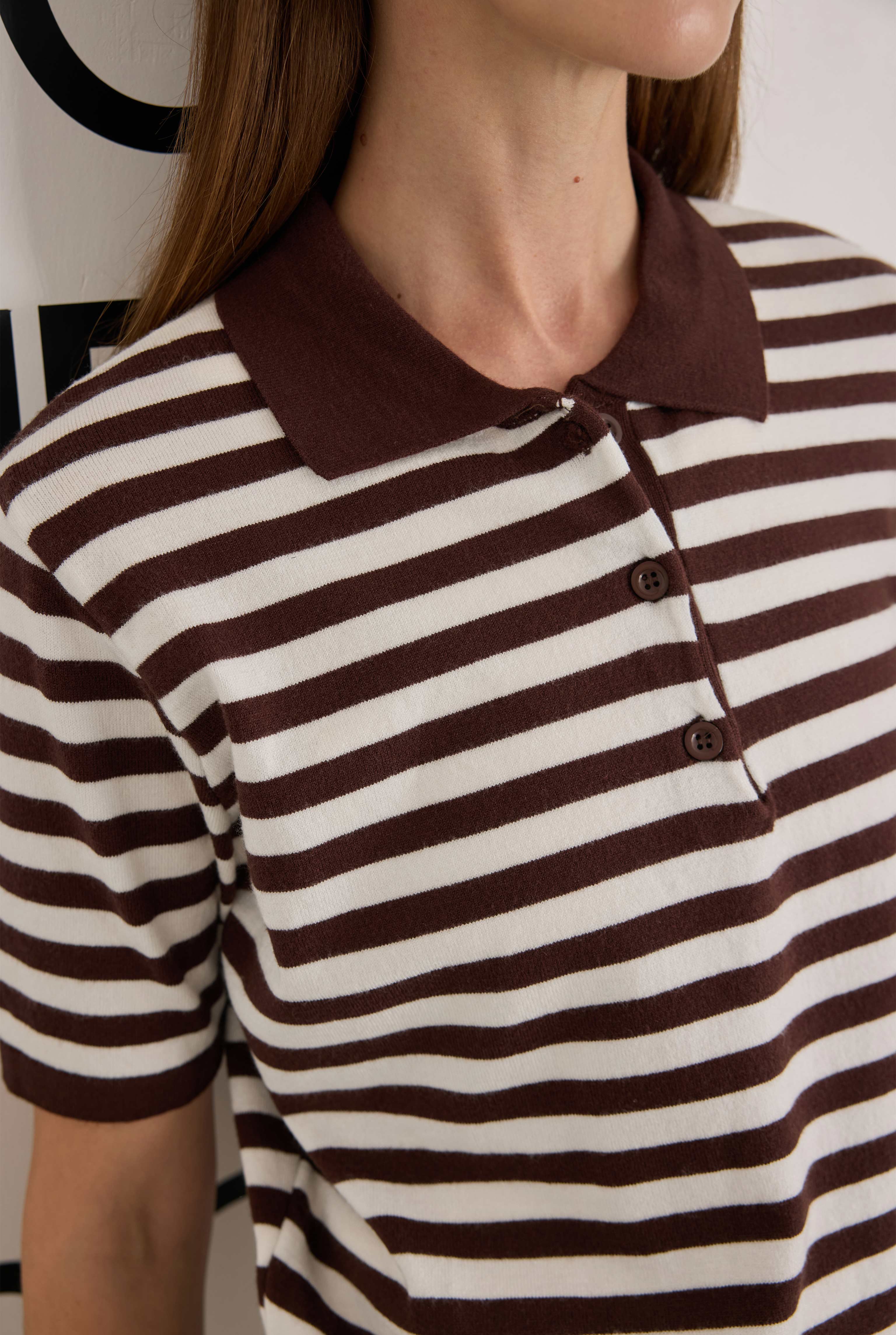 Polo Yaka Çizgili Triko Kahve - 4