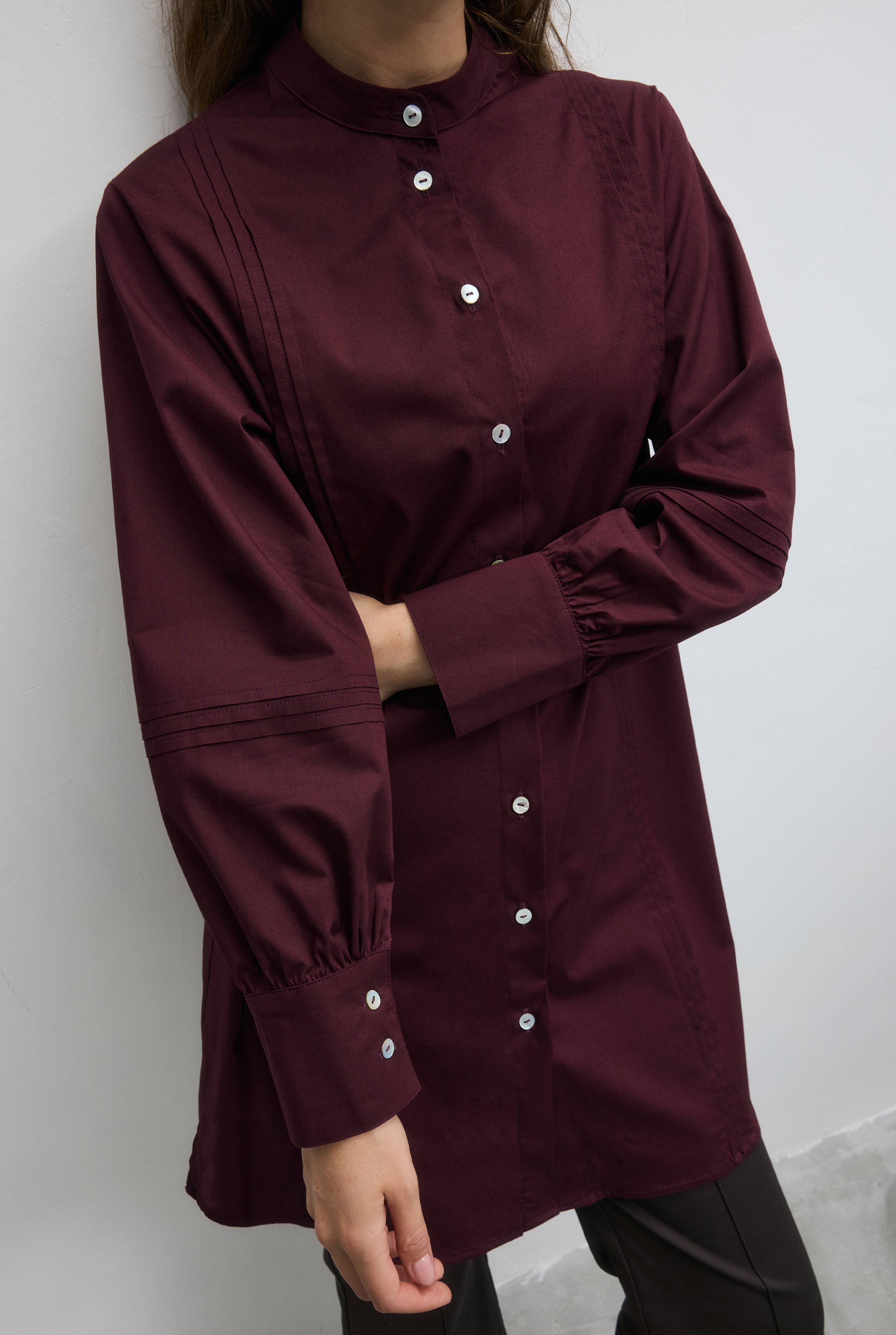 Nervürlü Poplin Gömlek Bordo - 3