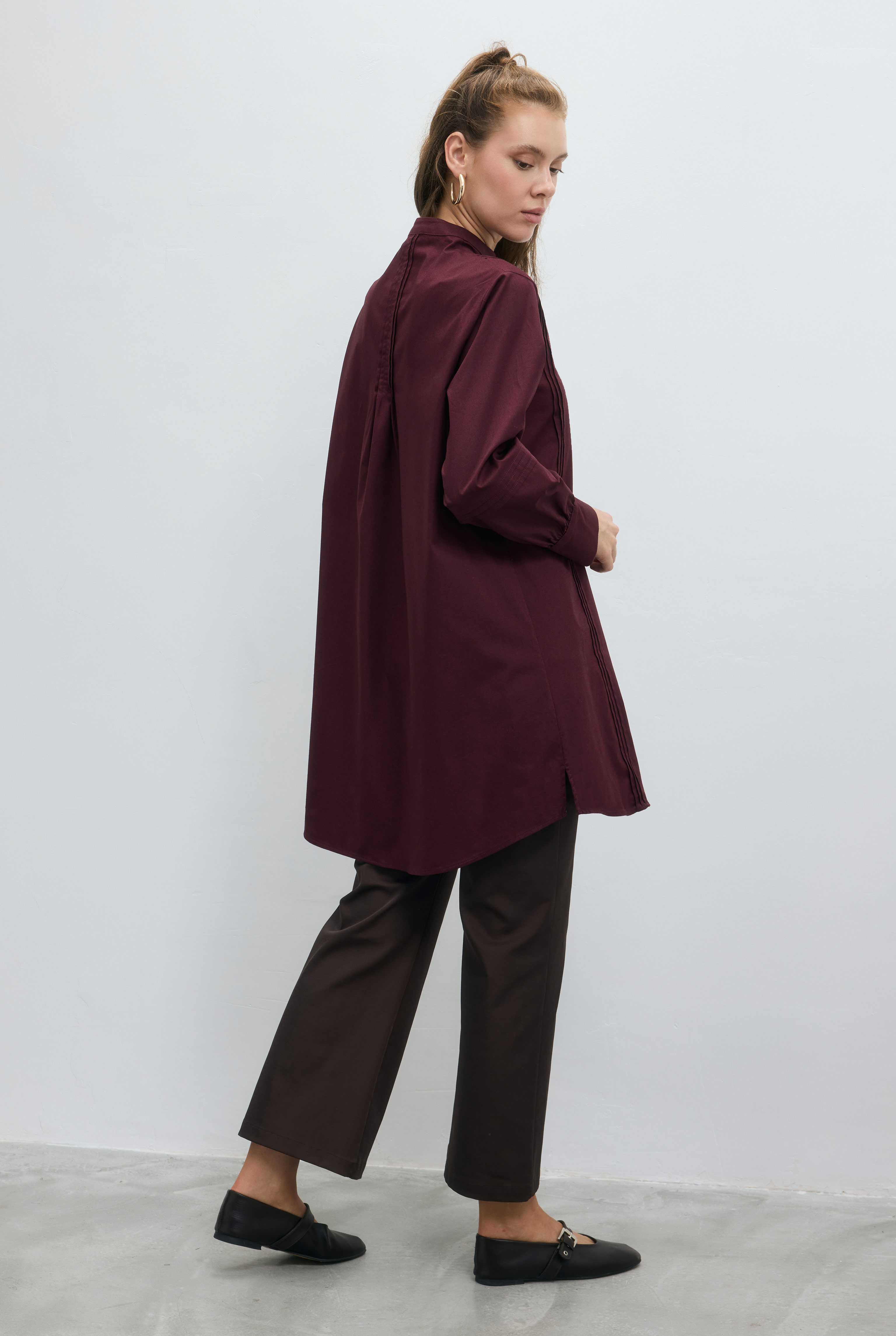 Nervürlü Poplin Gömlek Bordo - 5