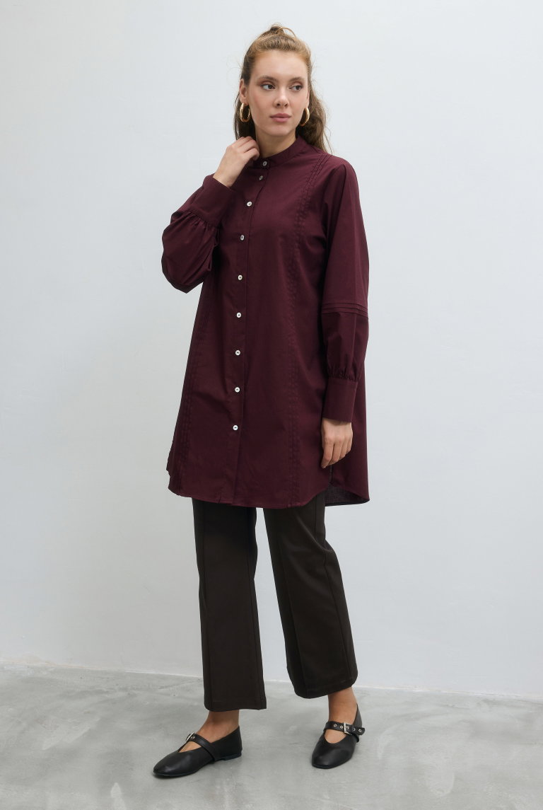 Nervürlü Poplin Gömlek Bordo - HE-QA