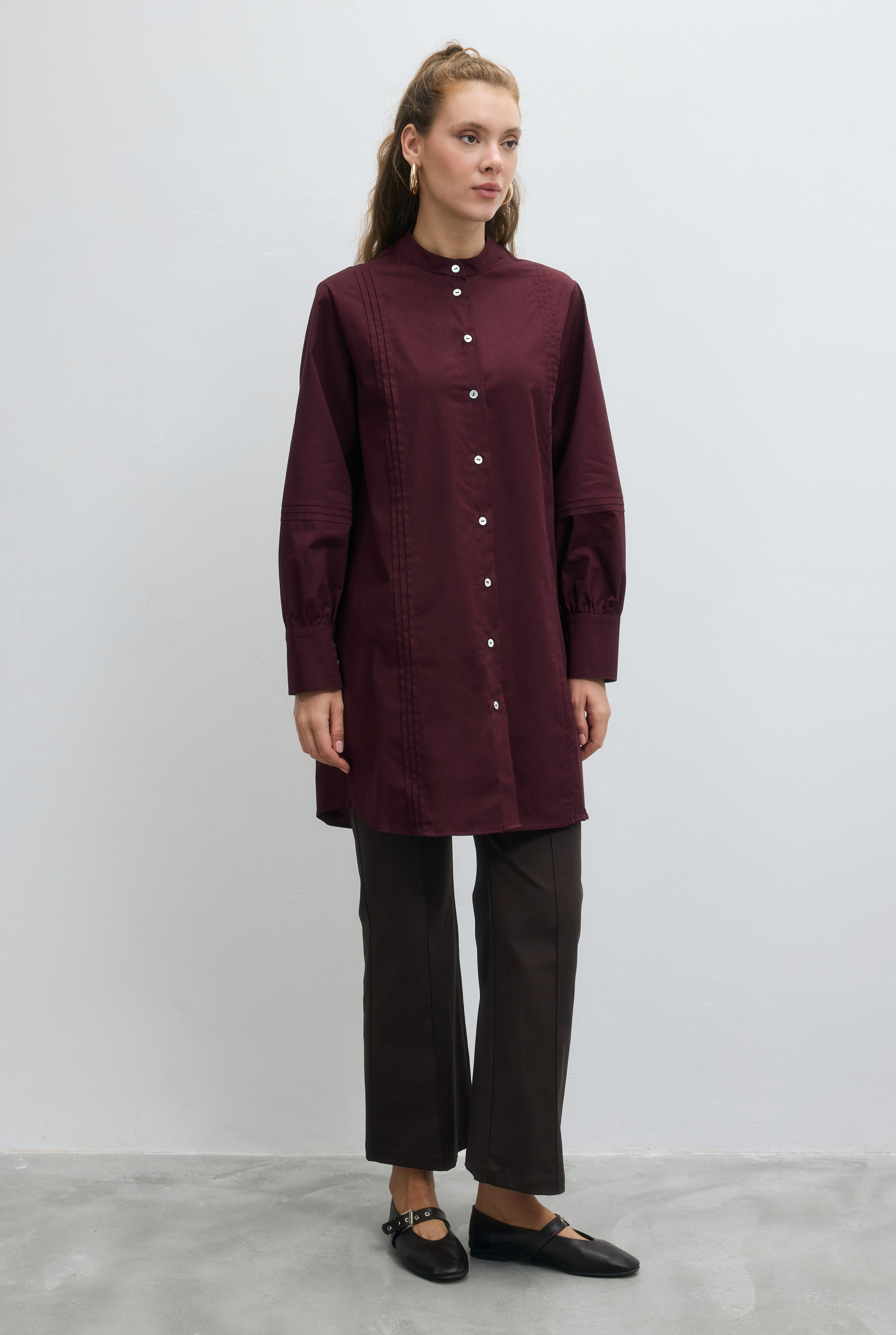 Nervürlü Poplin Gömlek Bordo - 2