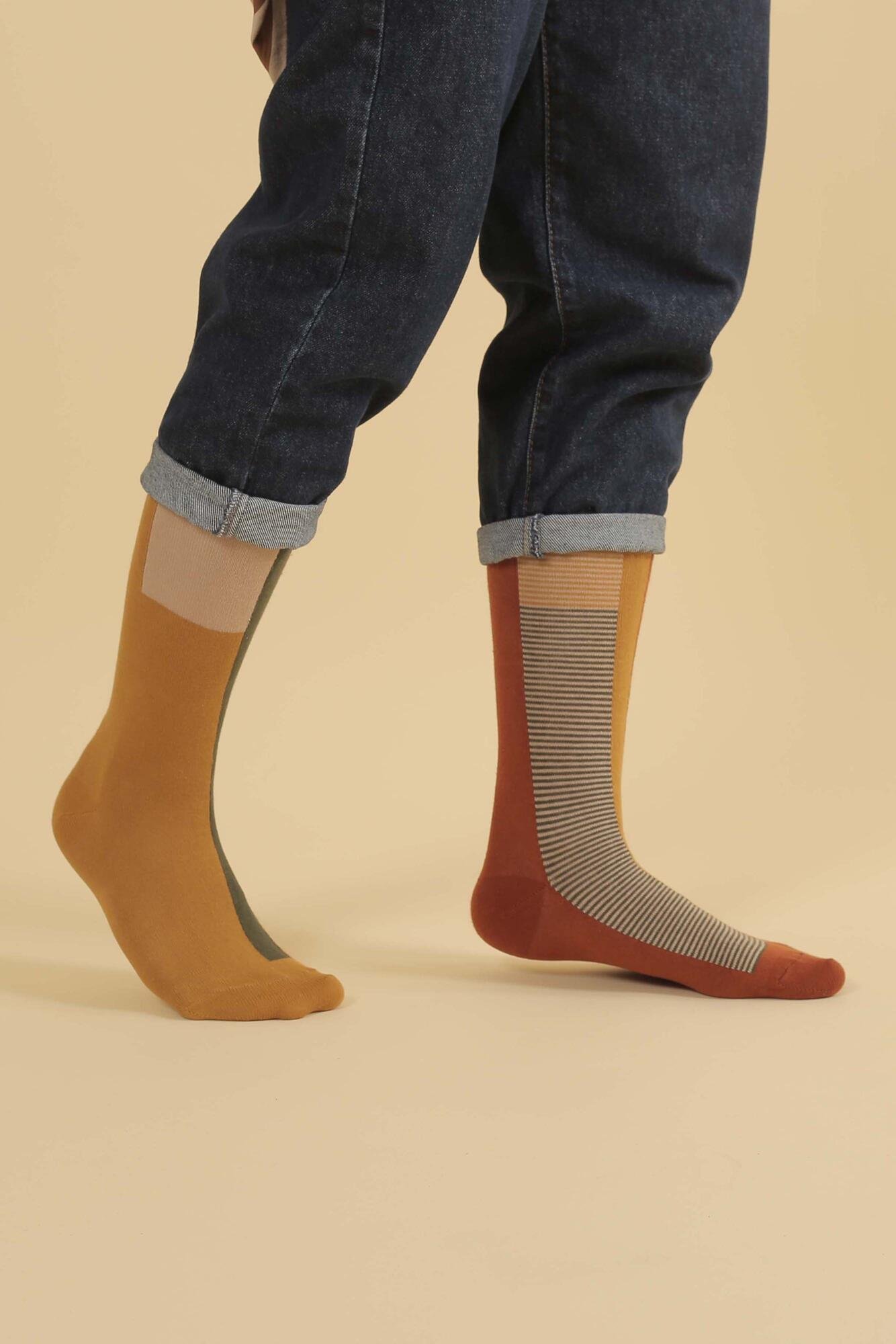 Asymmetric Midi Socks Olive Drab-Mustard