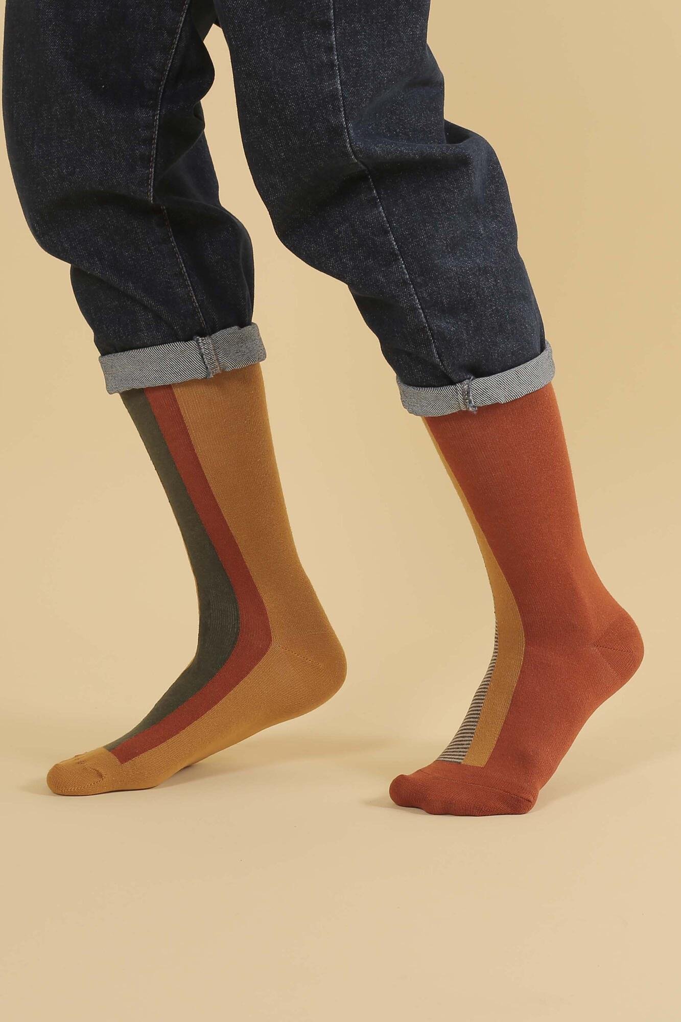 Asymmetric Midi Socks Olive Drab-Mustard